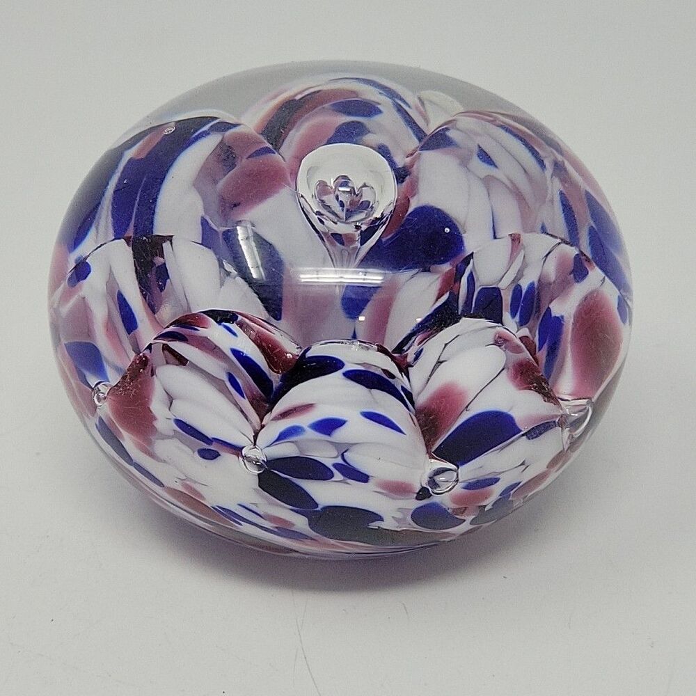Vintage Elwood Indiana Art Glass Flower Blue Purple White 3.25" Paperweight 1993
